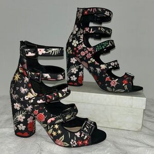 Topshop Robin Floral Embroidered Multi Strap Open Toe Cylinder Heel Shoe Sz 10.5